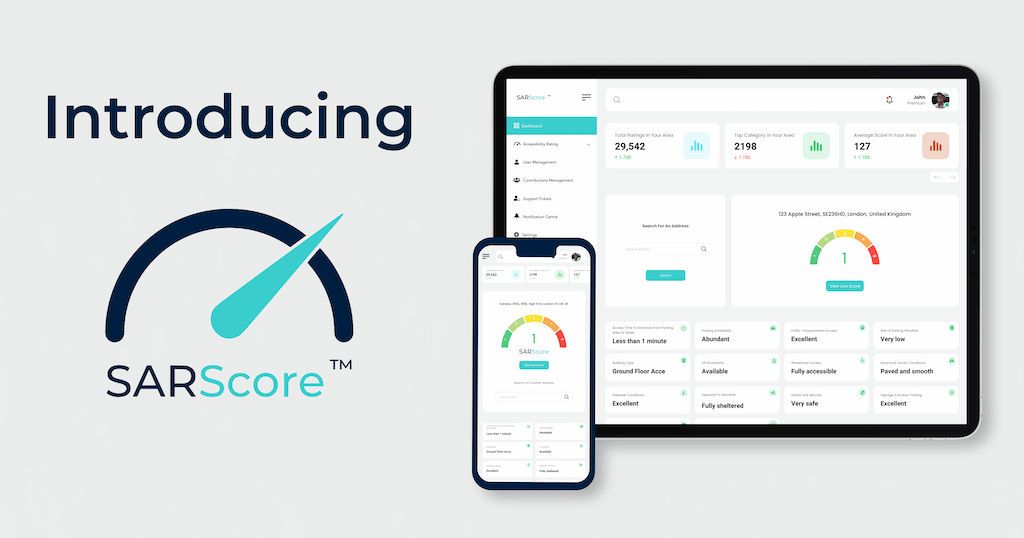 People using SARScore to check accessibility ratings of various locations on a laptop and mobile device.