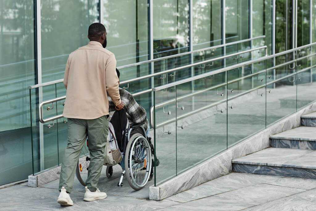 Accessible building entrance with a ramp